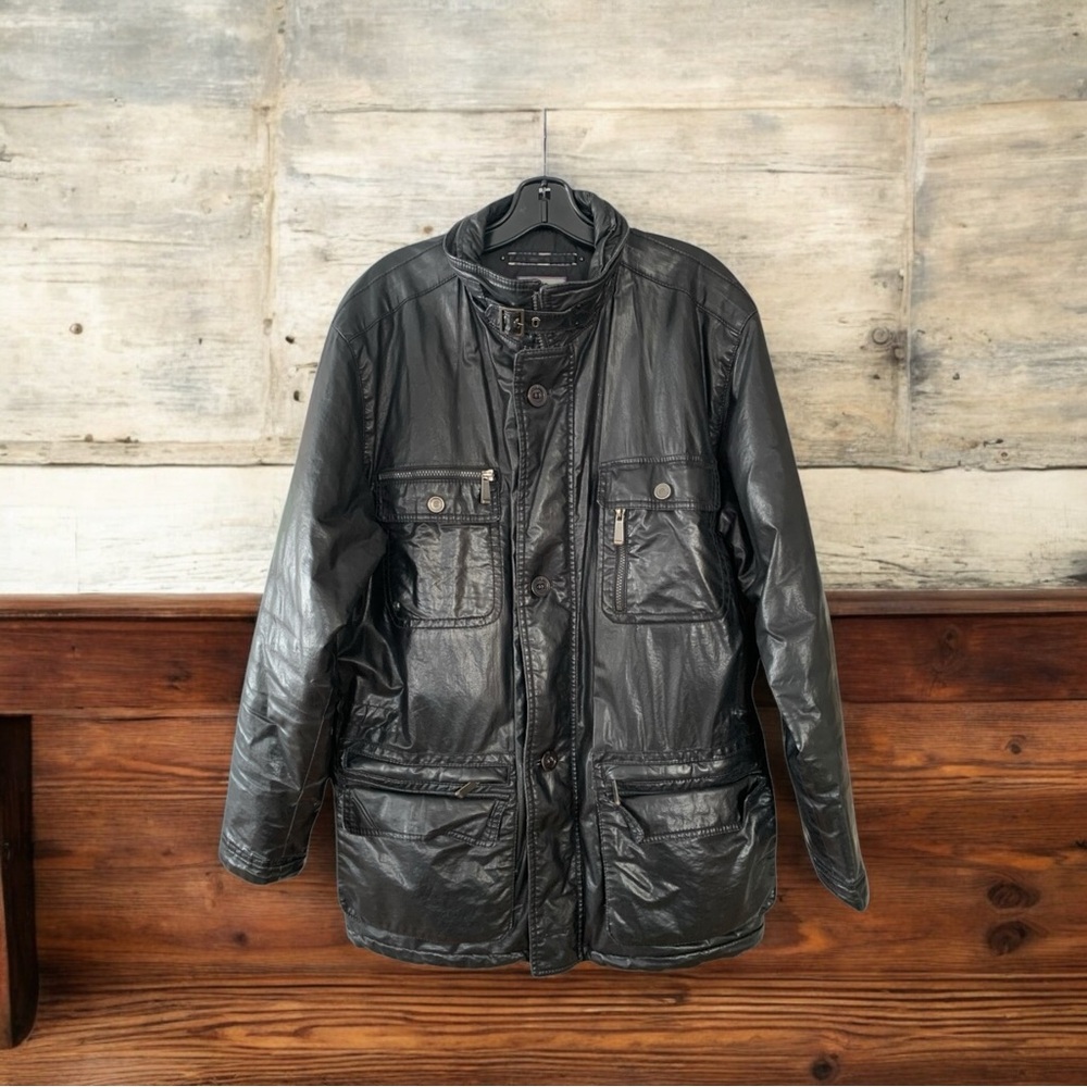 Bugatti Faux Leather Coat Men's Black Style Bomber Jacket Size 42R / Large